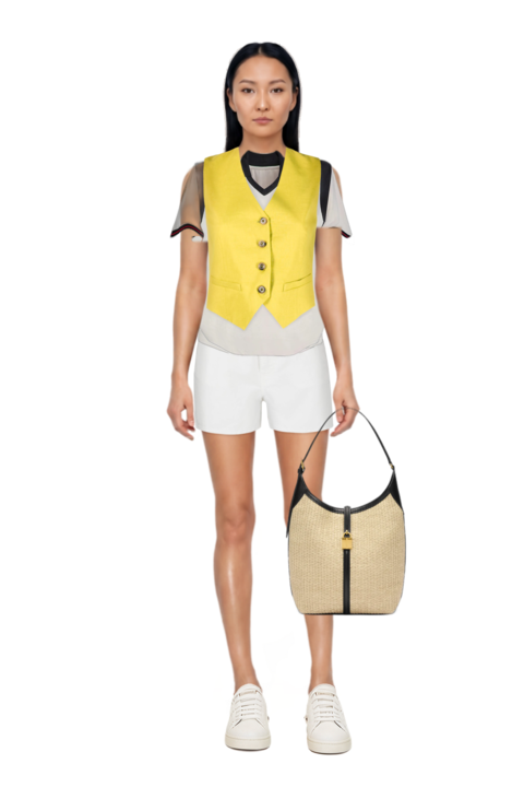 Outfit embroidered-patch panelled t-shirt and siena raffia tote bag