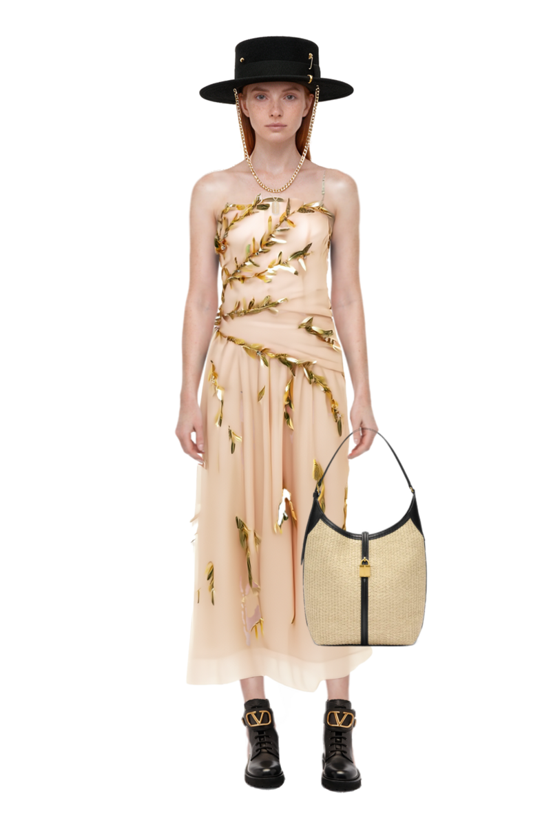 Outfit embroidered tulle strapless midi dress and siena raffia tote bag