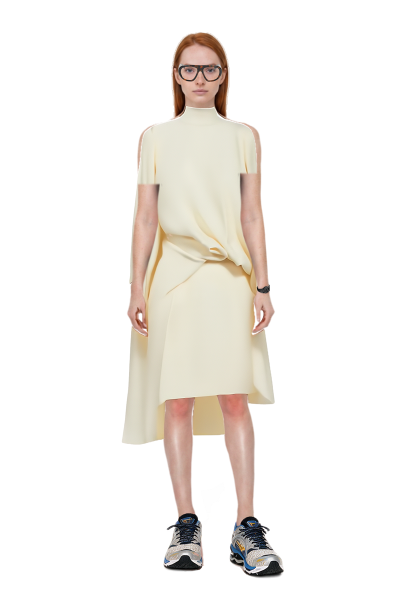Outfit  bacall high-neck draped dress and wave prophecy 1 sneakers