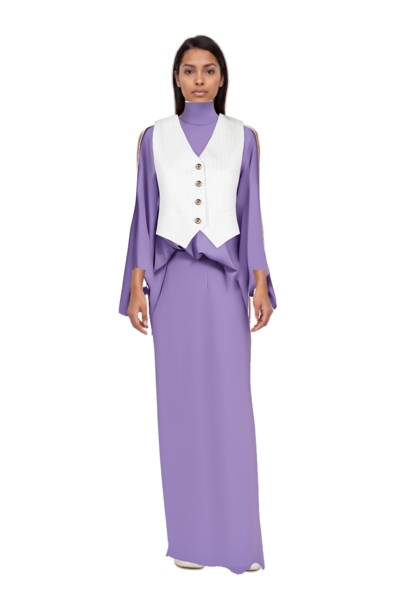 Outfit bacall  high neck dress and bubble technical fabric and suede sneakers