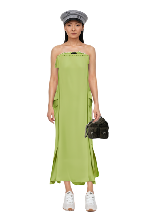Outfit one-shoulder button-detail kaftan and plume mesh fabric sneakers