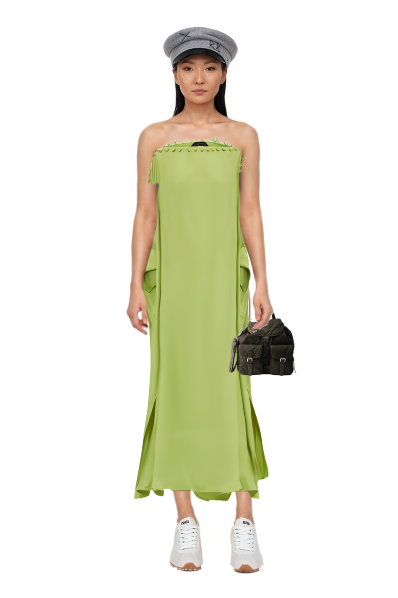 Outfit one-shoulder button-detail kaftan and plume mesh fabric sneakers