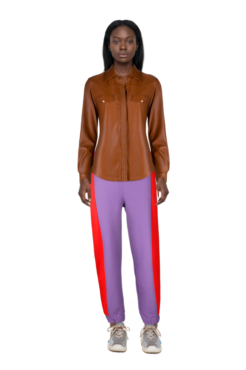 Outfit bubble technical fabric and suede sneakers and pinko shirt