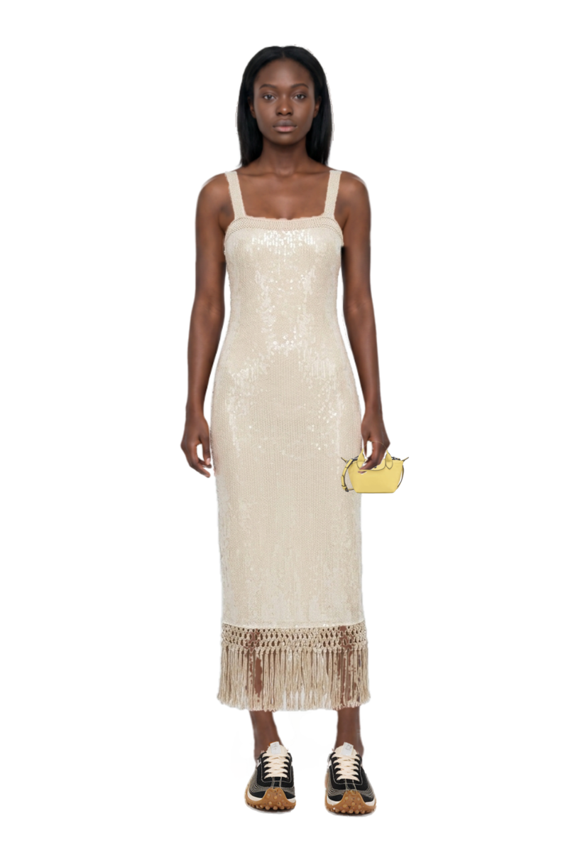 Outfit agrigento disco sequin fringed midi dress and mesh mirage sneakers