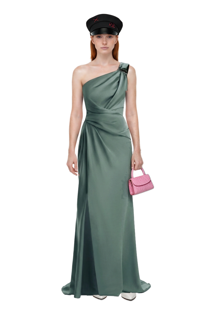 Outfit fame leather pumps and one-shoulder satin maxi dress