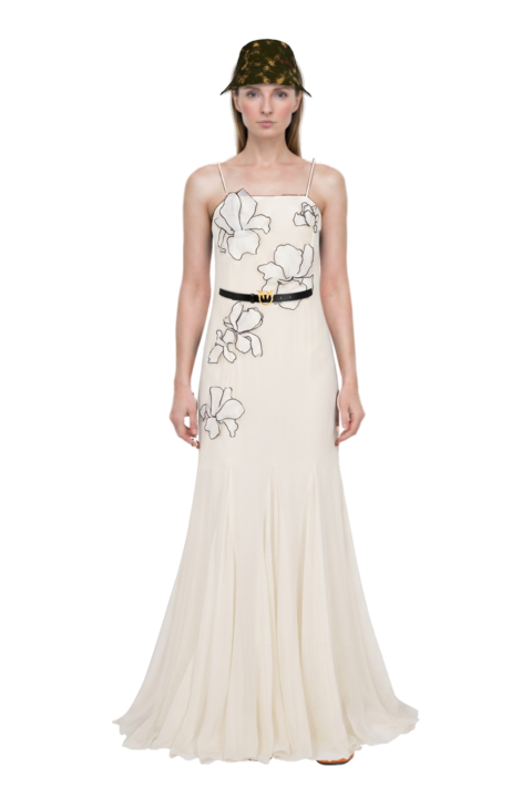 Outfit flower-appliqués silk maxi dress and pinko trouser belt