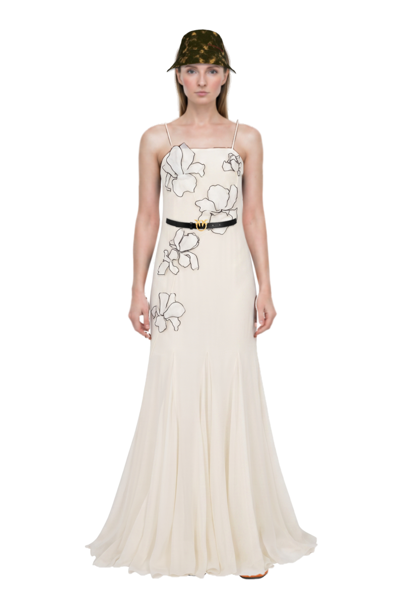 Outfit flower-appliqués silk maxi dress and pinko trouser belt