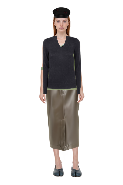 Outfit midi skirt and waffle-knit short-sleeve sweater