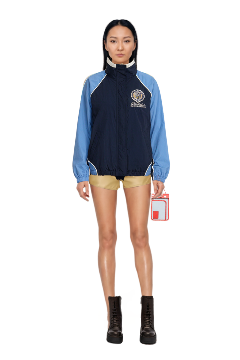 Outfit nylon shorts and drop-pendant necklace