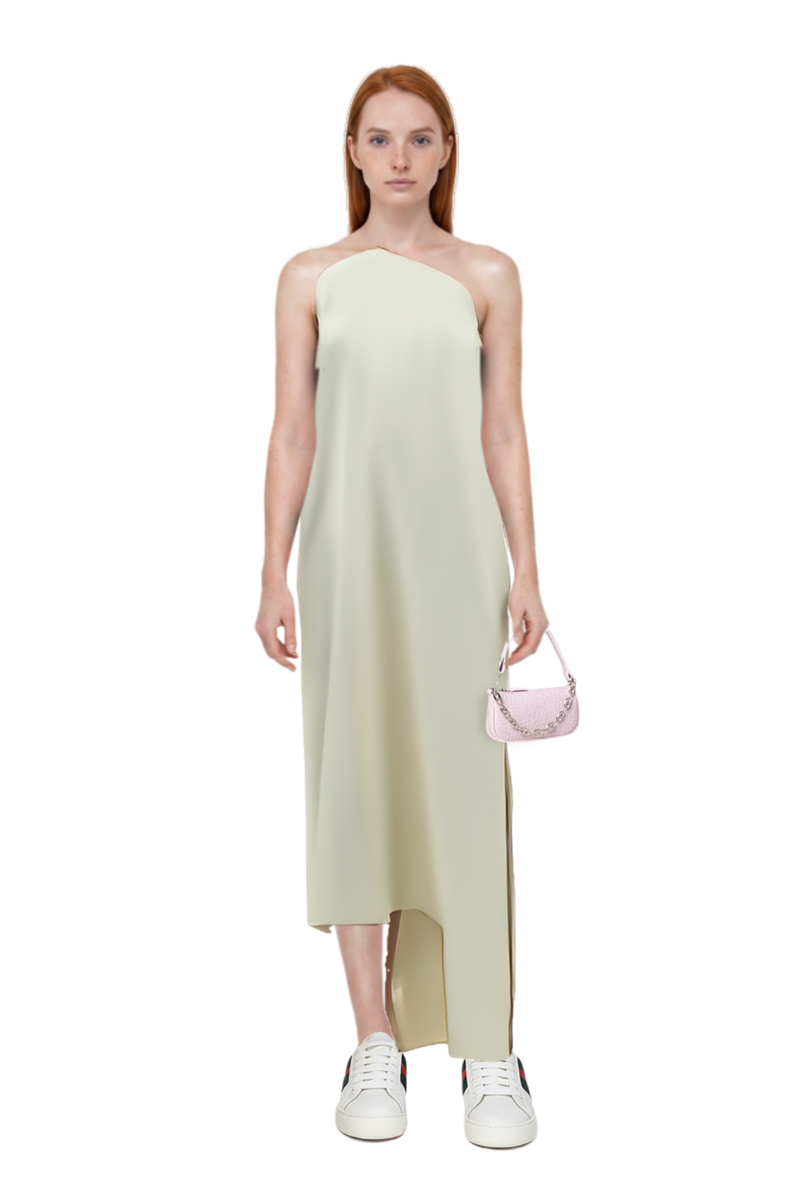 Outfit florinda one-shoulder slit dress and 23 bag