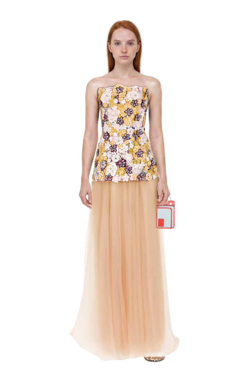Outfit x jacquemus moon shoe sneakers and thia floral-embroidered strapless maxi dress