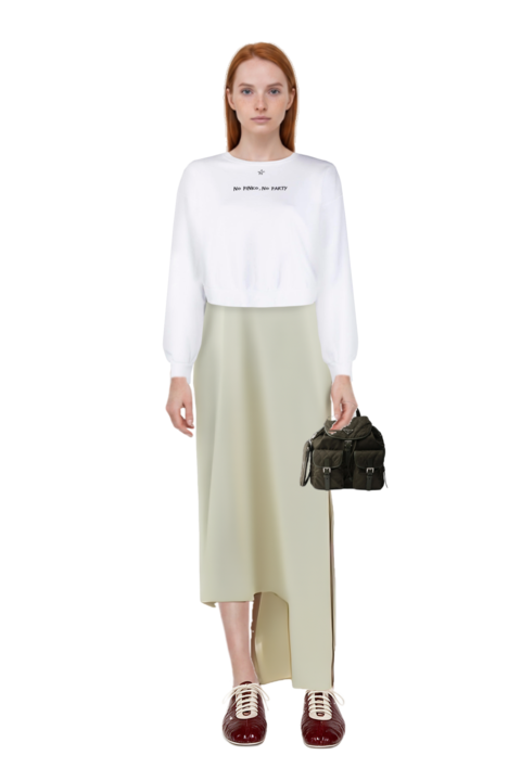 Outfit florinda one-shoulder slit dress and medium quilted re-nylon backpack with saffiano leather trim