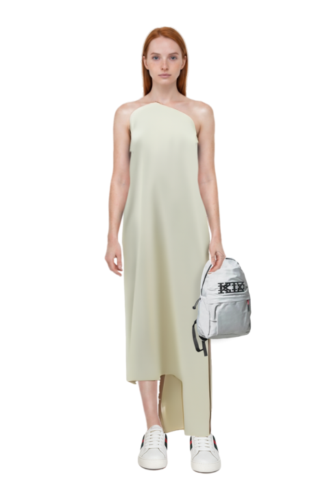 Outfit florinda one-shoulder slit dress and 23 backpack