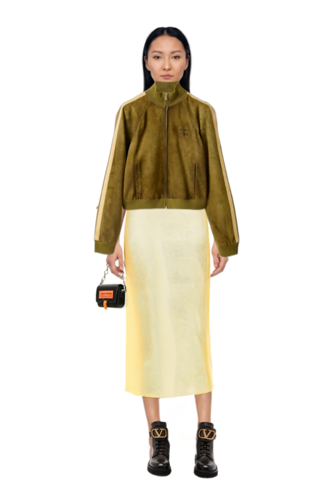 Outfit waxed suede jacket and signature crochet beach dress