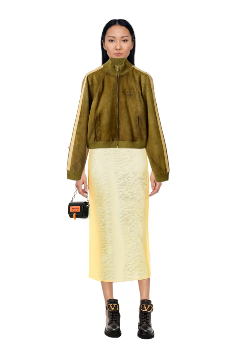 Outfit waxed suede jacket and signature crochet beach dress