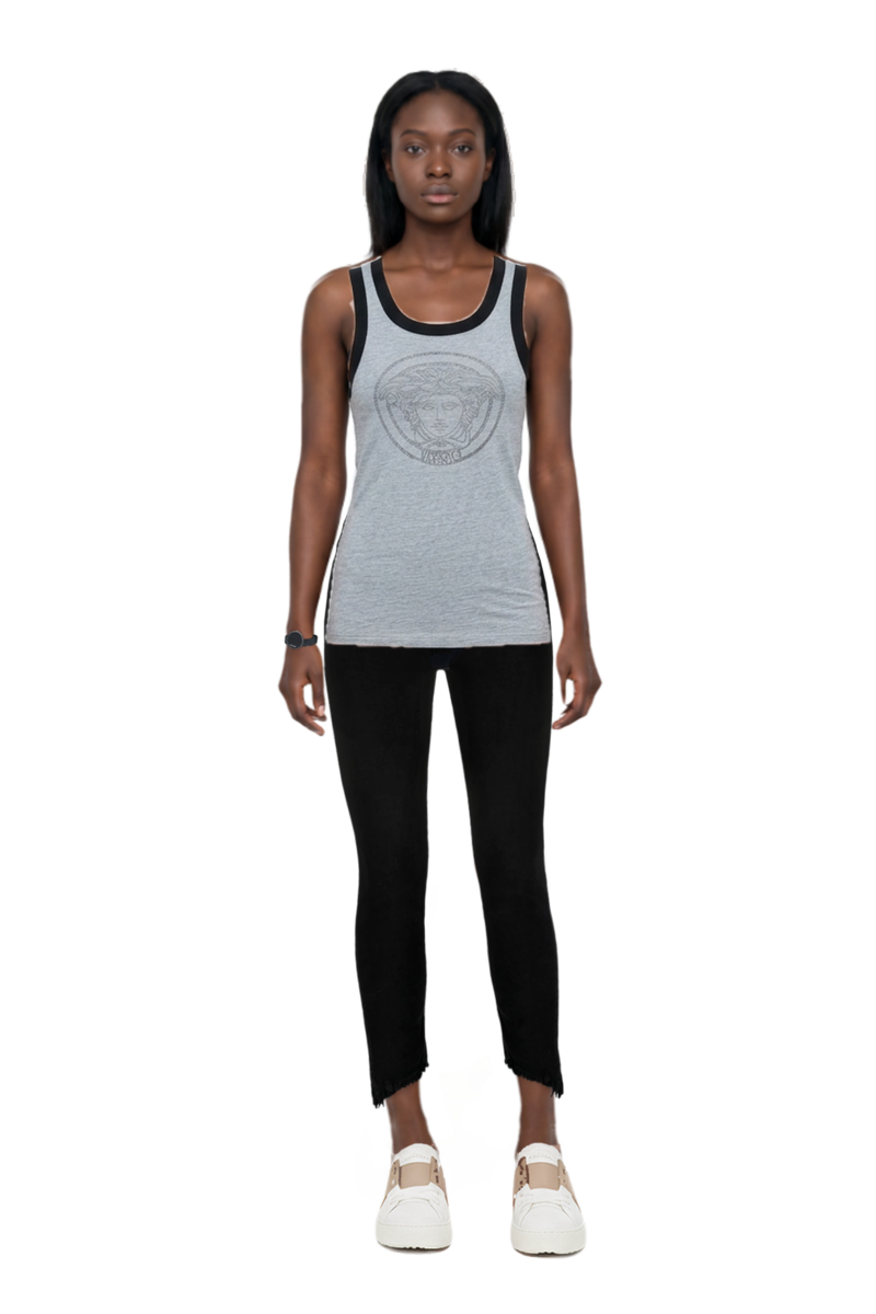 Outfit printed cotton-jersey tank top and pinko jeans