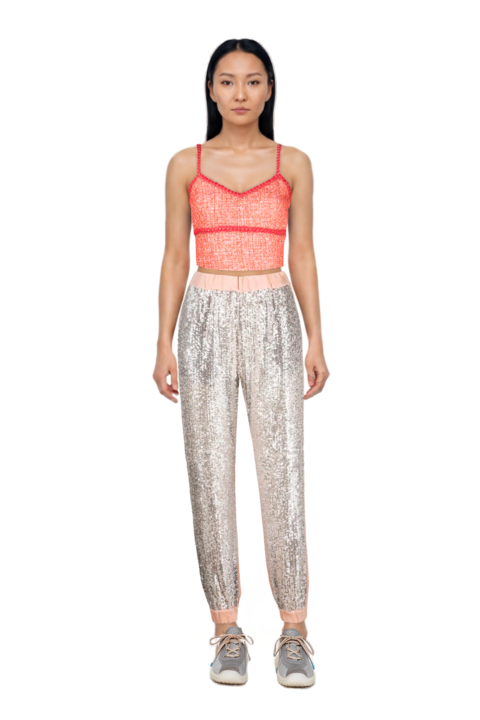 Outfit bubble technical fabric and suede sneakers and pinko top