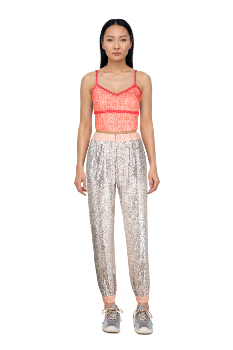 Outfit bubble technical fabric and suede sneakers and pinko top