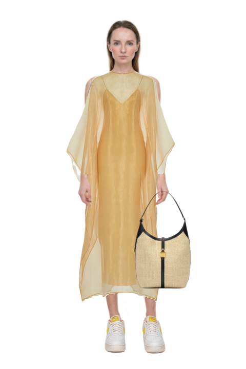 Outfit sphinx dress and siena raffia tote bag