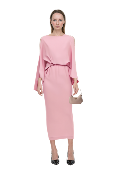 Outfit eolia cape-sleeve maxi dress and re-edition 2005 nubuck and saffiano leather mini-bag