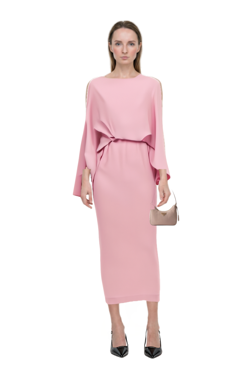 Outfit eolia cape-sleeve maxi dress and re-edition 2005 nubuck and saffiano leather mini-bag