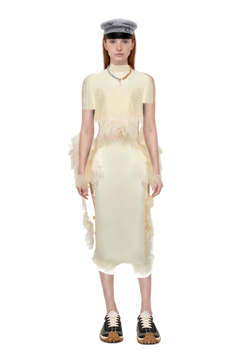 Outfit feather-embellishment maxi dress and mesh mirage sneakers