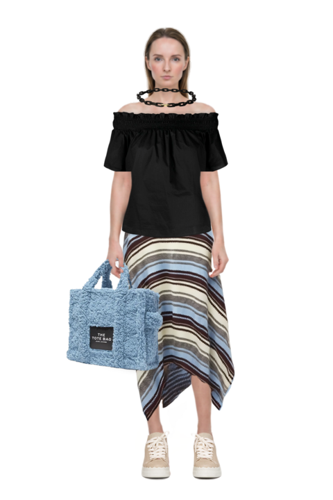 Outfit charm chain choker necklace and striped handkerchief-hem midi skirt