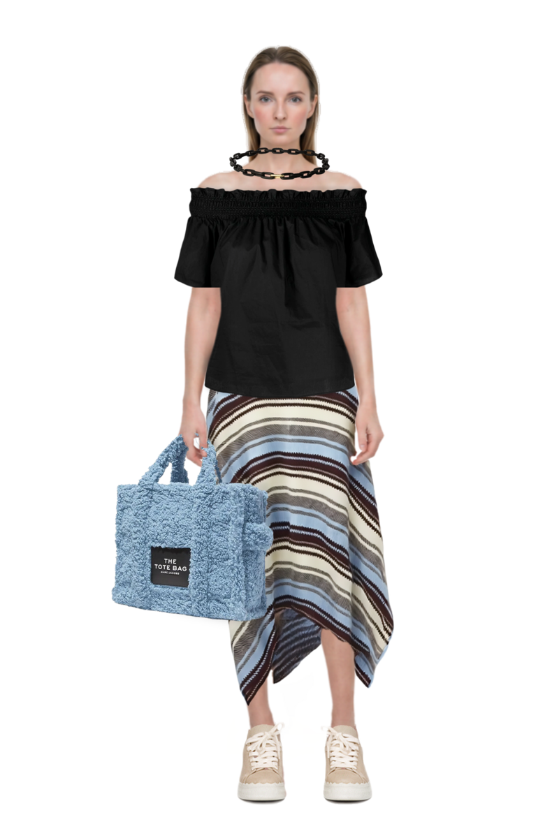 Outfit charm chain choker necklace and striped handkerchief-hem midi skirt