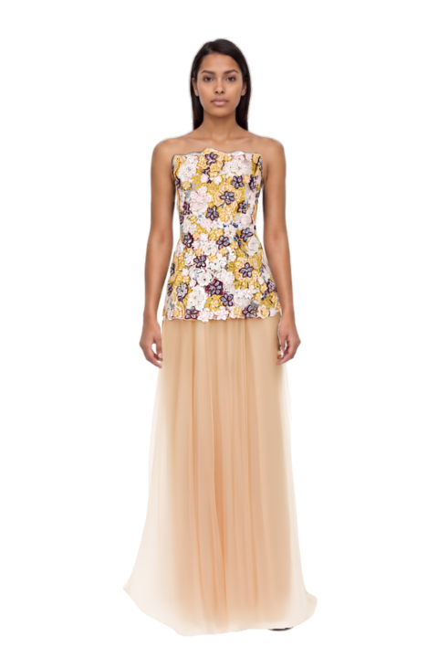 Outfit suede sneakers and thia floral-embroidered strapless maxi dress