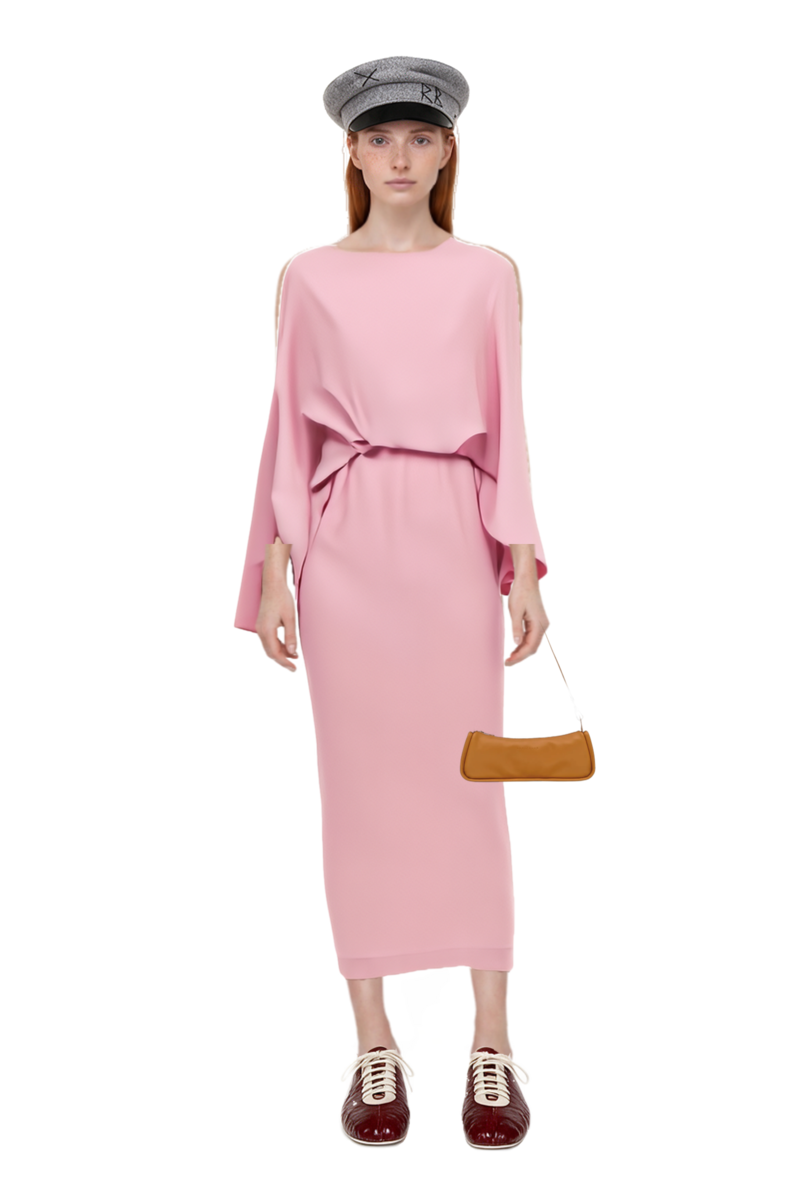 Outfit eolia cape-sleeve maxi dress and looong m shoulder bag