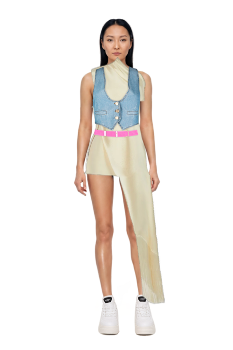 Outfit berenson draped fringe dress and pinko waistcoat