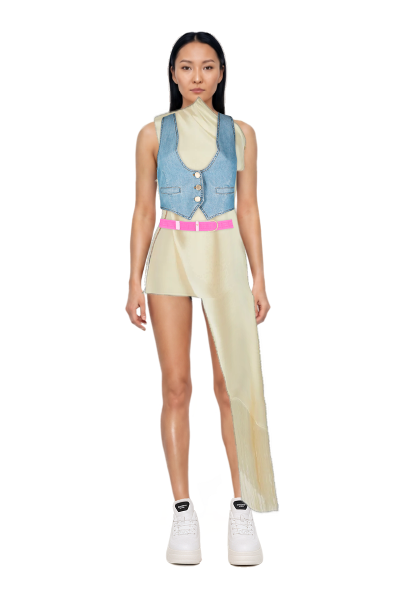 Outfit berenson draped fringe dress and pinko waistcoat