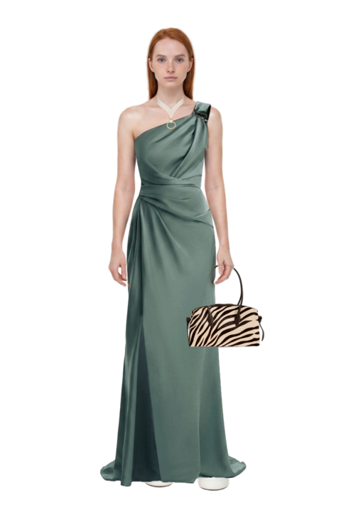 Outfit brioche duffle zebra-print shoulder bag and one-shoulder satin maxi dress