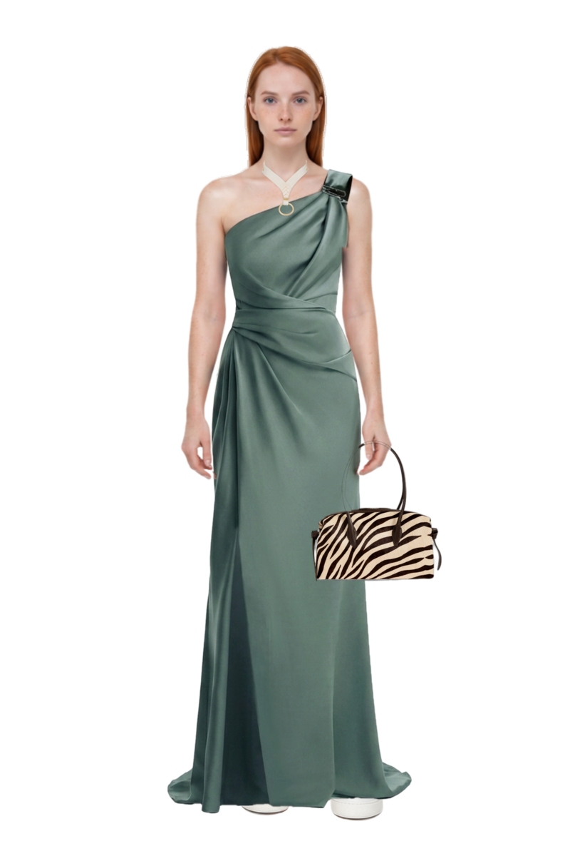 Outfit brioche duffle zebra-print shoulder bag and one-shoulder satin maxi dress