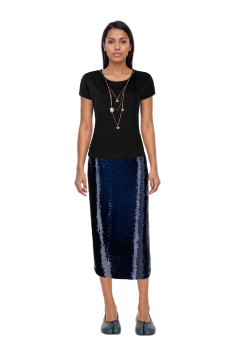 Outfit tabi ballet flats and sequin-embellished pencil skirt