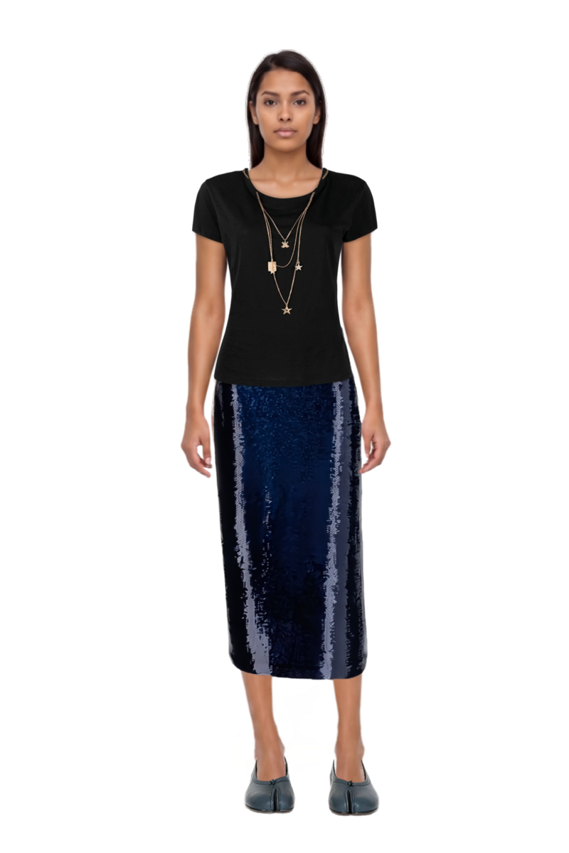Outfit tabi ballet flats and sequin-embellished pencil skirt