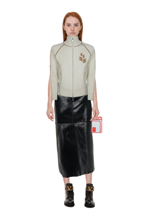 Outfit logo-intarsia zip-up cardigan and gwen leather midi skirt