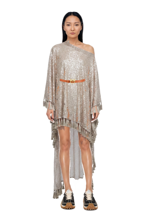 Outfit trebbia disco fringed kaftan dress and mesh mirage sneakers