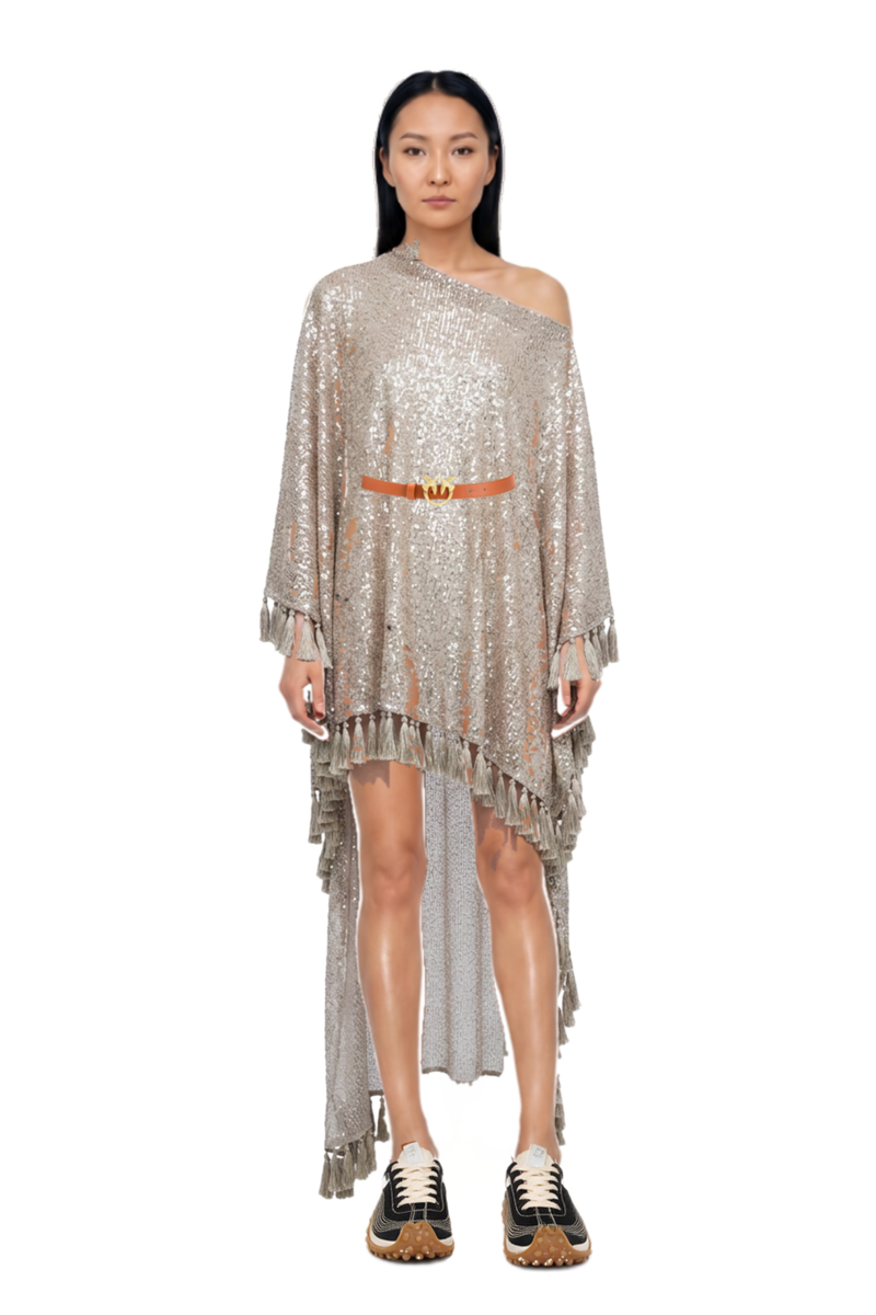 Outfit trebbia disco fringed kaftan dress and mesh mirage sneakers
