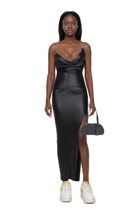 Outfit medium friday curved tote bag and chain-detail satin dress