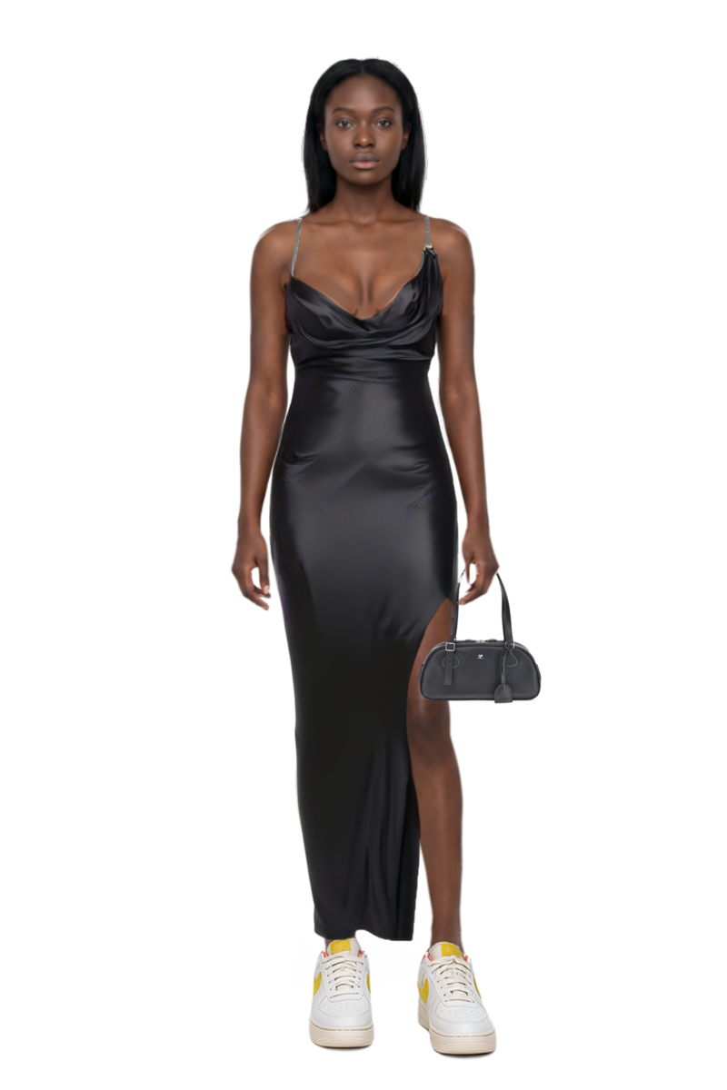 Outfit medium friday curved tote bag and chain-detail satin dress