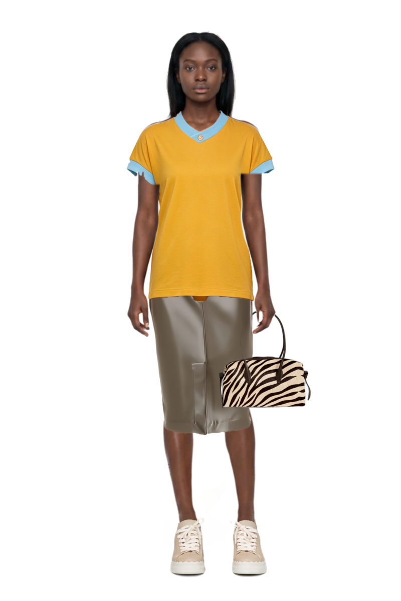 Outfit brioche duffle zebra-print shoulder bag and midi skirt