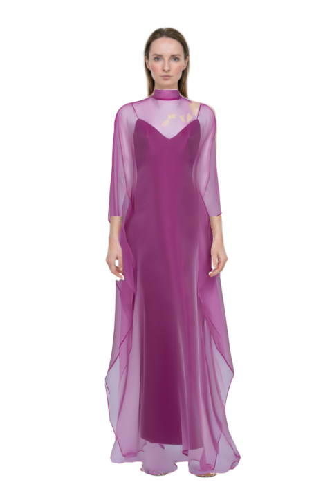 Outfit sphinx high-neck kaftan dress and plume mesh fabric sneakers