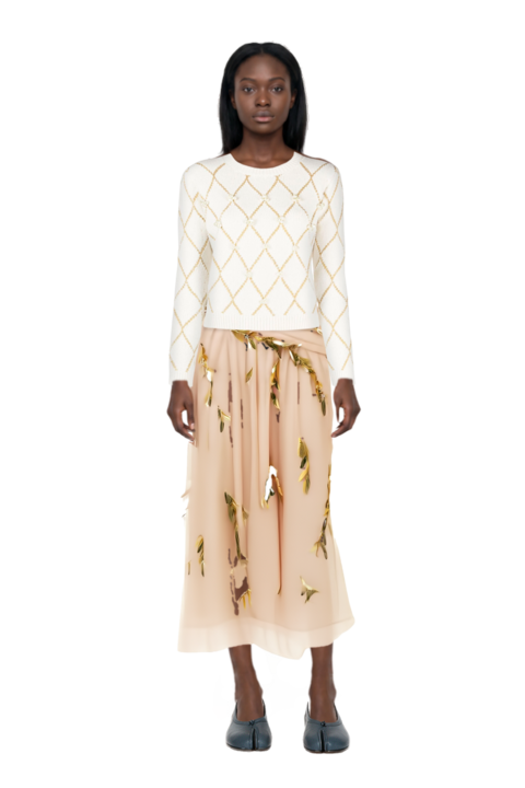 Outfit tabi ballet flats and embroidered tulle strapless midi dress