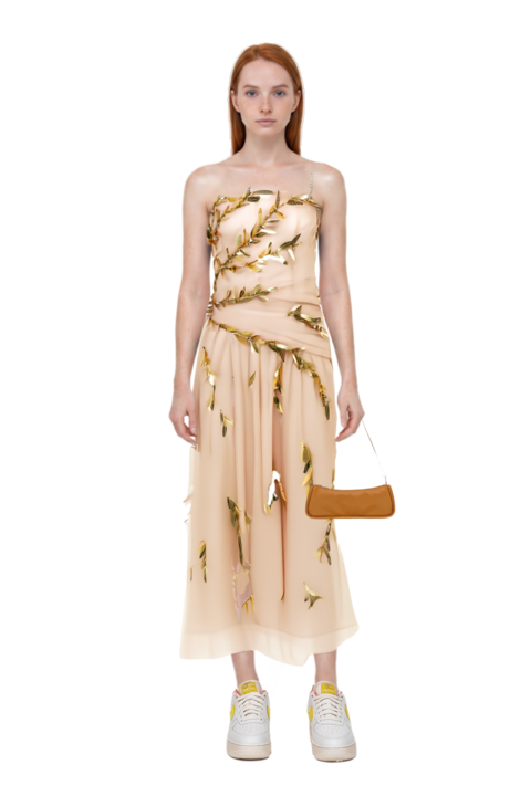 Outfit looong m shoulder bag and embroidered tulle strapless midi dress