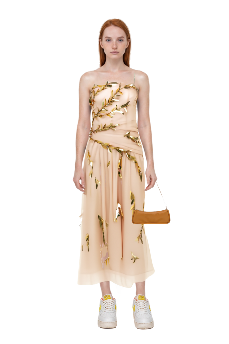 Outfit looong m shoulder bag and embroidered tulle strapless midi dress