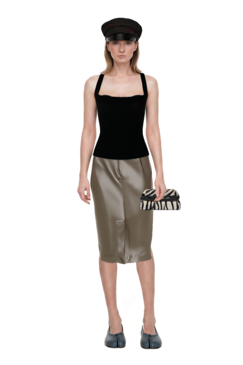 Outfit zebra-print leather clutch bag and midi skirt