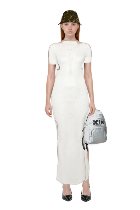 Outfit decollete slingback pointed-toe pumps and crochet polo dress