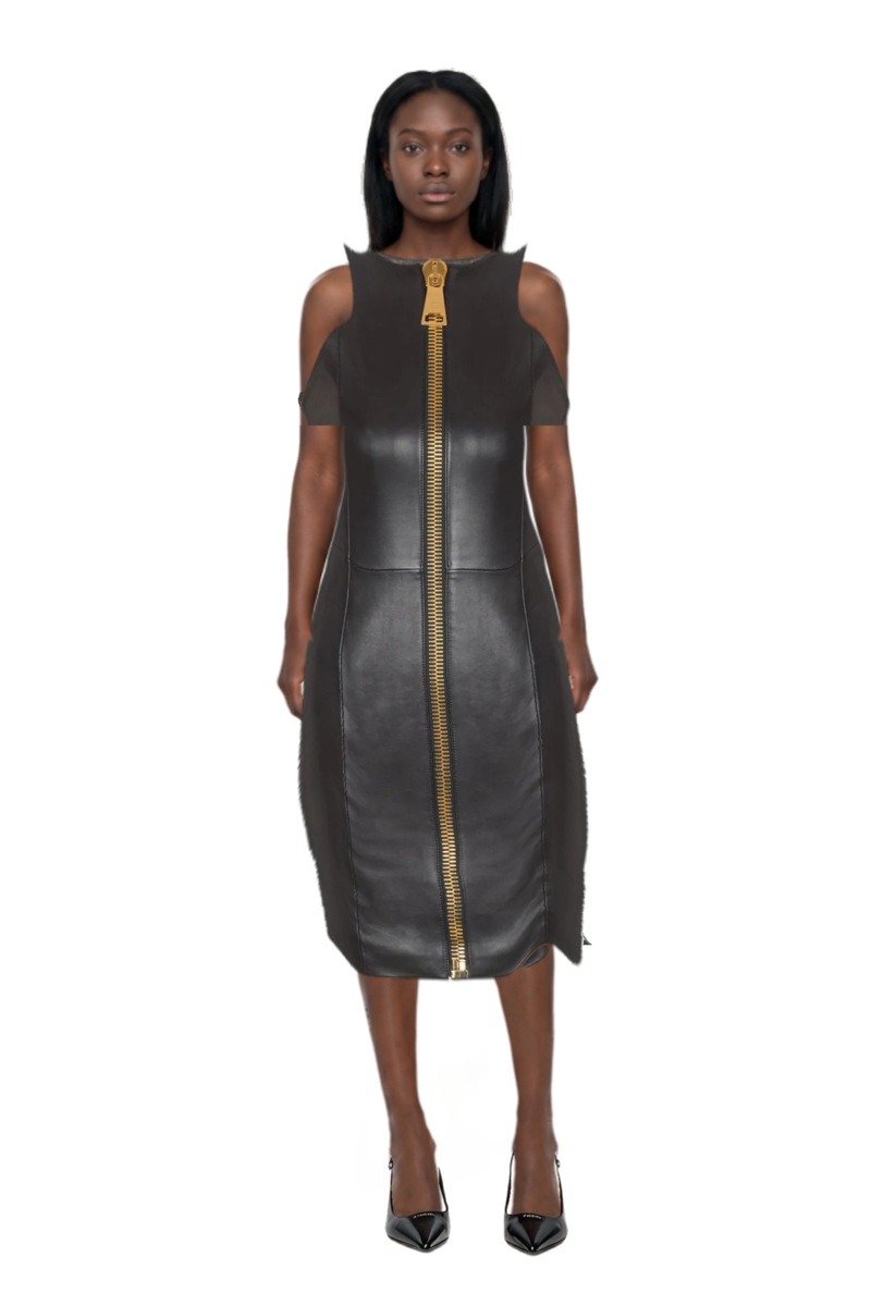 Outfit decollete slingback pointed-toe pumps and short-sleeveless lambskin dress