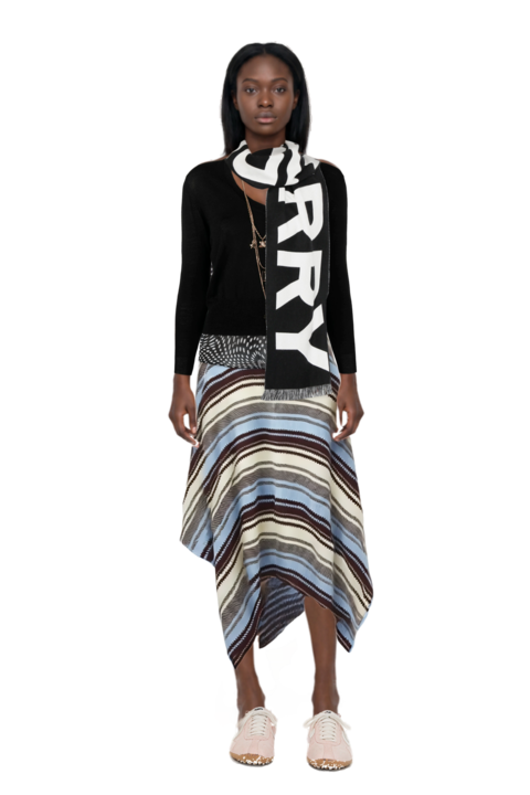 Outfit x jacquemus moon shoe sneakers and striped handkerchief-hem midi skirt